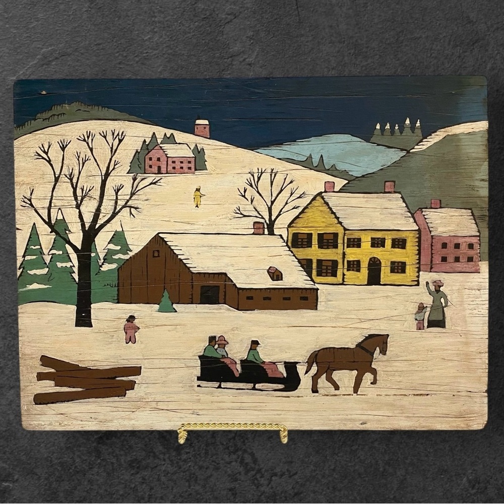 Vintage Folk Art Sleigh Ride Painting on Board 16 x 12 American Snow Horse Farm